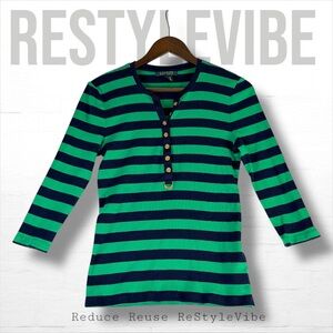 LAUREN RALPH LAUREN Women’s Size M Top Shirt 1/2 Sleeve Striped Henley Style